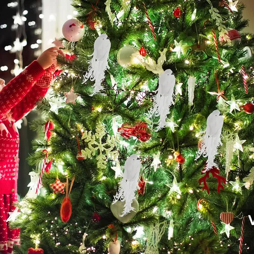 Vista 6 de 12 palomas blancas artificiales con clips de metal, paloma de Navidad con clip en adornos de árbol con plumas largas, adornos de palomas blancas