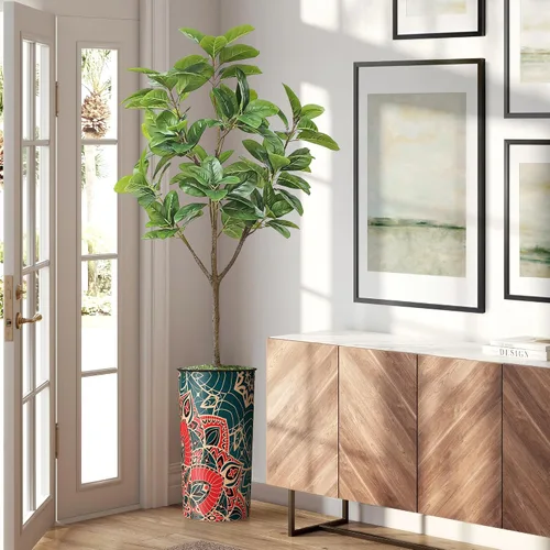 Vista 15 de Árbol artificial en macetero moderno con patrón de mandala, palmera tropical areca artificial de seda para decoración del hogar en interiores