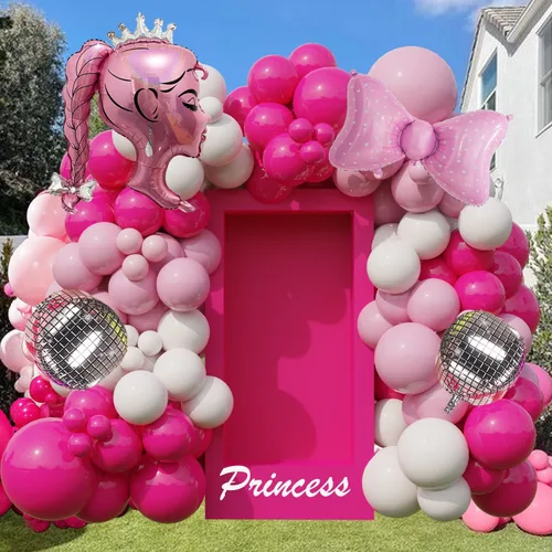 Vista 6 de Juego de globos de aluminio rosa princesa, 5 globos de lazo rosa, lámina de muñeca de corona y globos de corazón para maquillaje, cumpleaños