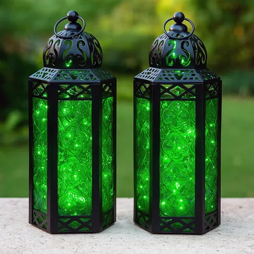 Vista 32 de VELA LANTERNS Juego de 2 portavelas decorativos de LED con luces de hadas de 12" de metal marroquí para colgar o mesa, decoración del hogar