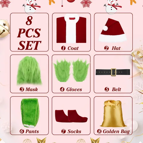 Vista 5 de Saiksi Disfraz de monstruo verde para adulto, disfraz de Papá Noel peludo verde navideño para hombre, 9 piezas divertido traje de Papá Noel
