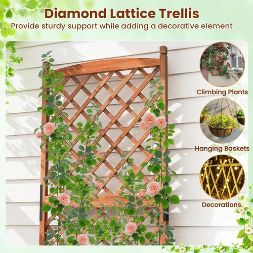 Vista 6 de Giantex Cama de jardín elevada con enrejado, contenedor de madera de 60 pulgadas con agujeros de drenaje, enrejado alto para colgar macetas