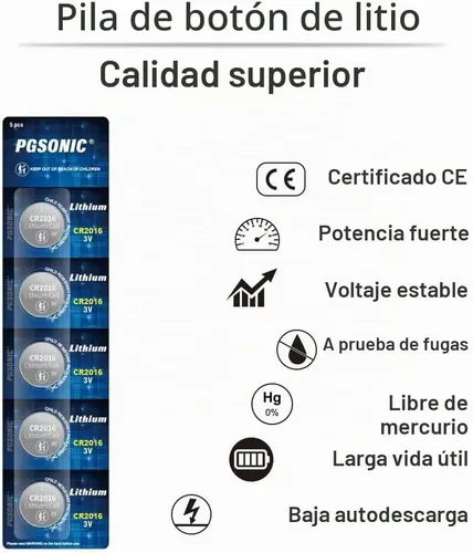 Vista 2 de PGSONIC Batería de litio CR2016 3V (5pcs)