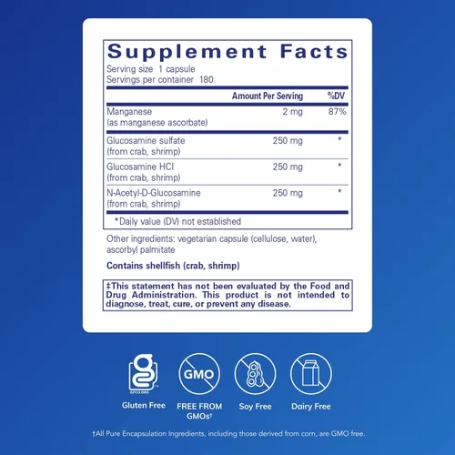 Vista 2 de Pure Encapsulations Complejo de glucosamina Suplemento dietético Soporte para cartílago* con manganeso 180 cápsulas