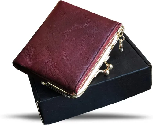 Vista 28 de AOXONEL Cartera para mujer, pequeña, Rfid, compacta, plegable, de piel, vintage, con cremallera y cierre de beso