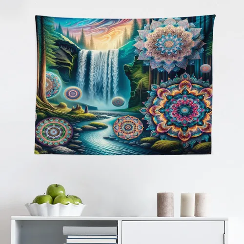 Vista 2 de Ambesonne Tapiz Trippy, vista panorámica de la cascada con bosques de ensueño y mandala oriental psicodélico, decoración de tela para colgar