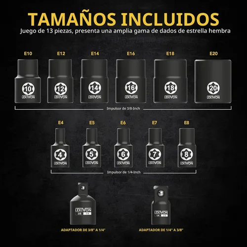 Vista 6 de LEXIVON E-TORX - Juego de dados de acero aleado al cromo vanadio, 13 piezas hembra Star Socket E4 - E20 Set Estuche de almacenamiento mejorado