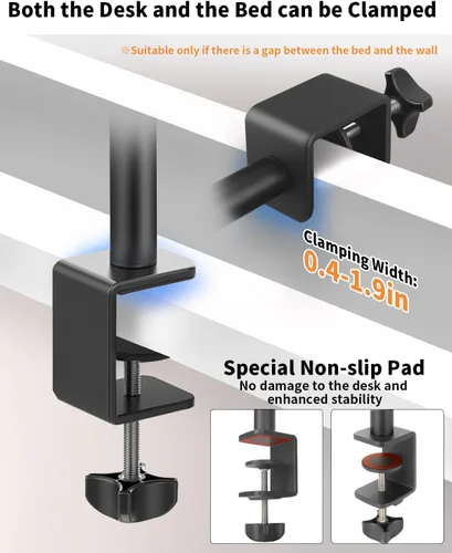 Vista 6 de HEMMOTOP Magic Arm Soporte de escritorio/abrazadera, brazo de cámara ajustable de 28 pulgadas para iPad, soporte de iPhone superior, para micrófono