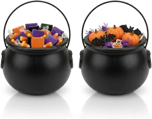 Vista 20 de PMU Caldero de Halloween 6 piezas de 3 pulgadas pequeño de bruja de plástico para caldero negro, para decoración de Halloween