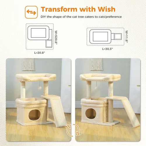 Vista 3 de PEQULTI Árbol para gatos pequeños a medianos: bonita torre para gatos beige con amplia percha acolchada, condominio privado y poste rascador