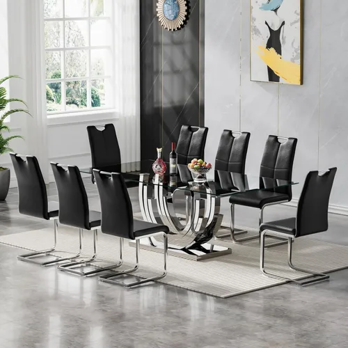 Vista 18 de Juego de mesa de comedor de vidrio de 70 pulgadas para 4, mesa rectangular de cristal dorado con 4 sillas de piel sintética, juego de mesa de Mesa