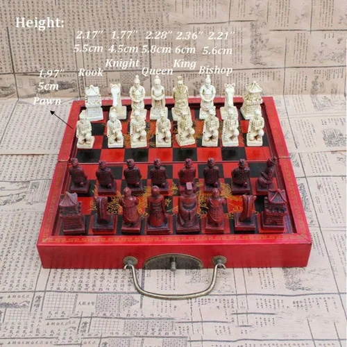 Vista 6 de OLOTU Juego de ajedrez portátil de madera plegable de ajedrez chino retro terracota guerreros ajedrez madera hacer viejo tallado resina ajedrez