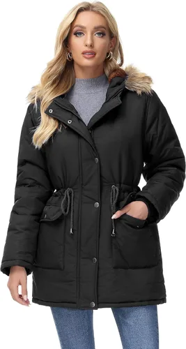 Vista 2 de Kate Kasin Abrigo de invierno con capucha para mujer, de piel sintética, parkas, para exteriores