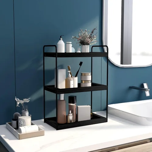 Vista 2 de Dorhors Organizador de encimera de baño de 3 niveles, estante de almacenamiento de baño, bandeja de mostrador y organizador de tocador (negro)
