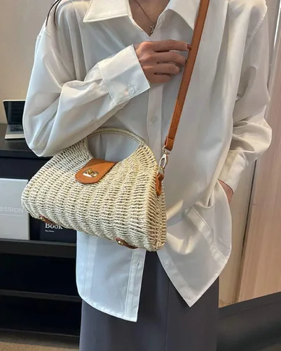 Vista 3 de Bolsa de paja de verano para mujer, con asa superior, tejida a mano, bolsa cruzada para viajes