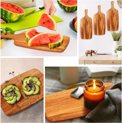 Vista 7 de Kathfly 3 tablas de cortar de madera de acacia con mango láser de madera para servir charcutería para verduras, carne, pizza, queso, pan de frutas