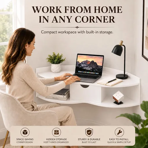 Vista 5 de Mesa plegable de pared con cajón, ahorro de espacio flotante Blanco
