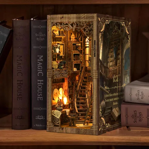 Vista 7 de ISSEVE Kit de Rincón de Libros, Rompecabezas de Madera 3D DIY Casa de Muñecas Booknook para Adultos, Kit de Casa en Miniatura Diminuta Decoración