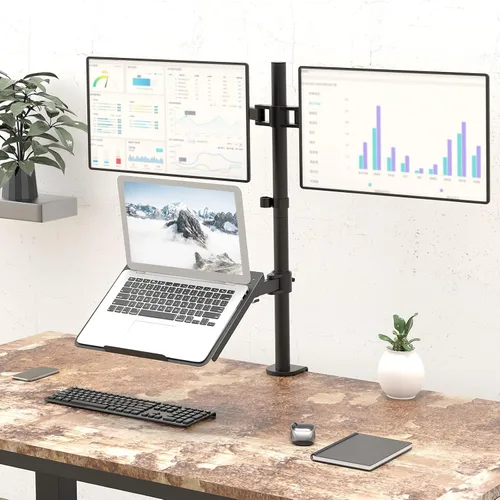 Vista 2 de WALI Soporte de Monitor Dual, Soporte para Laptop y Monitor para 2 Pantallas y 1 Laptop, Montura de Escritorio Extra Alta para Monitor de hasta 27