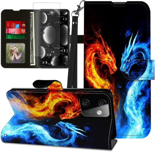 Vista 90 de Funda para Motorola Edge 2022 con protector de pantalla, soporte y tarjetero y correa para la muñeca, funda magnética para Moto Edge 2022 5G UW Lobo