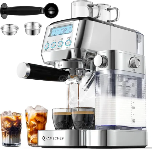 Vista 10 de AMZCHEF Máquina de café expreso, espumador automático de leche, presión de Plateado