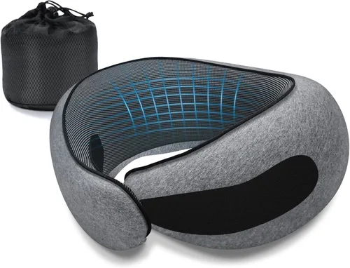 Vista 7 de Almohadas de viaje para el cuello para aviones, almohada cómoda de espuma viscoelástica, diseño ergonómico compacto, esenciales para dormir