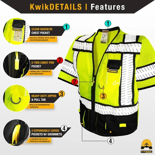 Vista 4 de KwikSafety - Chaleco de seguridad SHERIFF & SPECIALIST [Bolsillos de uso múltiple] Chaleco reflectante Clase 2 ANSI OSHA para hombres Negro (mangas)