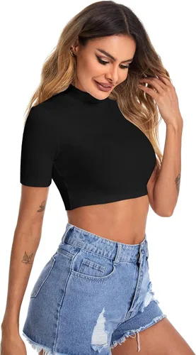 Vista 4 de Verdusa Camisetas cortas básicas de manga corta con cuello alto alto para mujer