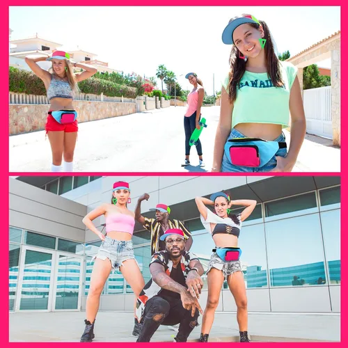 Vista 3 de YAROMO Accesorios de hip hop para mujer, accesorios de atuendo de los años 80 y 90 para mujeres y hombres, riñonera de neón, bolsa de cintura