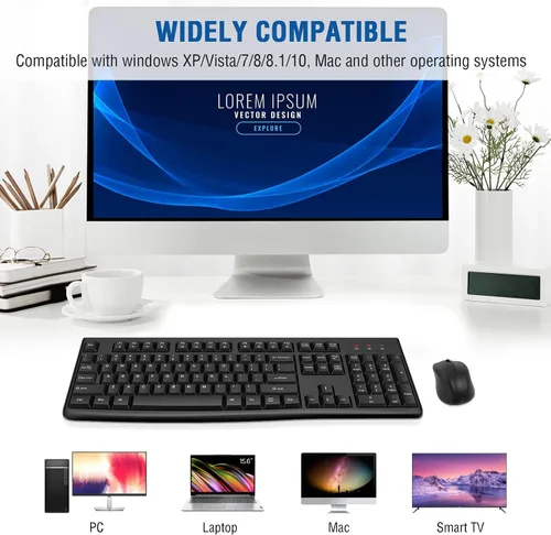 Vista 7 de EDJO - Combo de teclado y mouse inalámbricos, teclado inalámbrico USB de tamaño completo de 2.4 GHz y mouse óptico para Windows, Mac, laptop