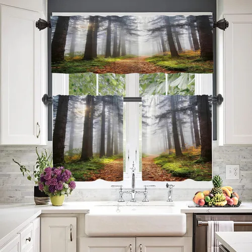 Vista 8 de Cortinas opacas de poliéster multicapa marrón con diseño de bosque natural, 2 unidades, 26 x 24 pulgadas