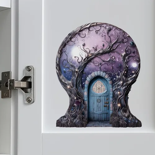 Vista 4 de Cielo de nebulosa estrellada con decoración de luna de casa de árbol, calcomanía de pared para puerta de hadas