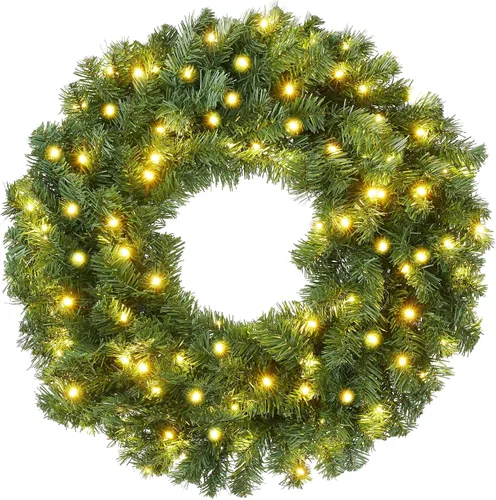 Vista 13 de Casafield Corona de Navidad artificial de abeto de 24 pulgadas, decoración navideña, 200 puntas de PVC para puerta delantera, ventana o mantel