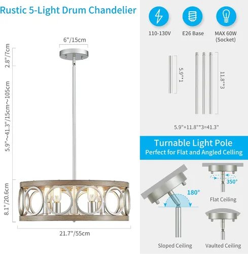 Vista 2 de XINGQI Candelabro de tambor de 21.7 pulgadas, lámpara de comedor de granja, iluminación de cocina de níquel cepillado de grano de madera, 5 luces
