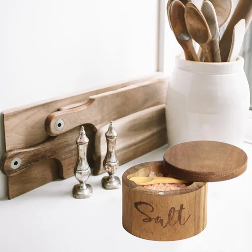 Vista 5 de Cajas de especias de madera de acacia con cubierta giratoria para encimera de cocina, conservador de sal con cuchara integrada, moderno decorador