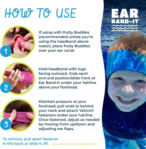 Vista 8 de Vinchas de natación EAR BAND-IT, tamaño PEQUEÑO (de°1°a°3°años), inventado por un médico. Mantiene el agua fuera y los tapones de oído en su lugar.