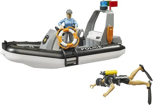 Vista 4 de Bruder RAM 2500 Camioneta Policial Pickup con Remolque Módulo L + S, Barco y 2 Figuras