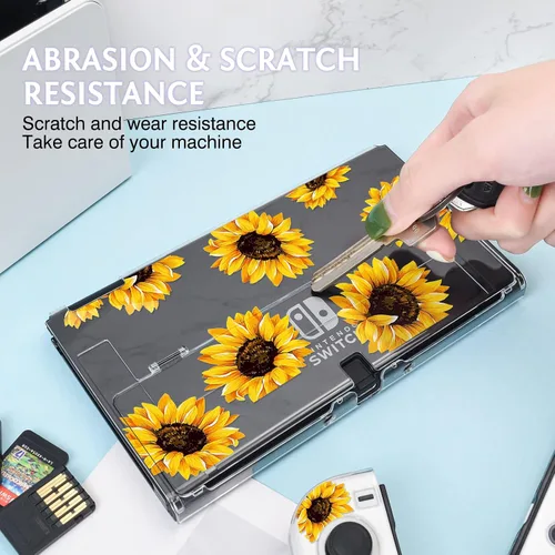 Vista 5 de DLseego Funda para interruptor amarillo transparente con flores de girasol, versión 2021, consola acoplable antiarañazos, carcasa de TPU