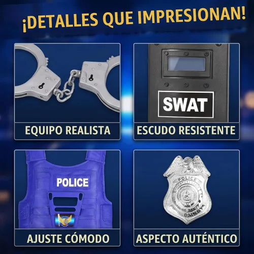Vista 2 de Set de policía para niños, con máscara, chaleco, escudo, placa, esposas, granada, macana y cuchillo