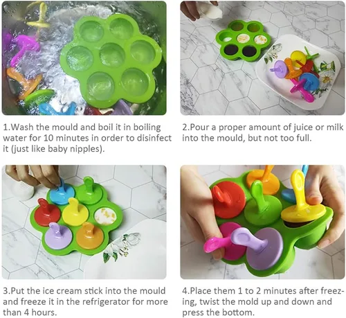 Vista 9 de Mini molde de silicona para paletas, molde para paletas de hielo de 7 cavidades con palitos de plástico coloridos, fabricantes de paletas