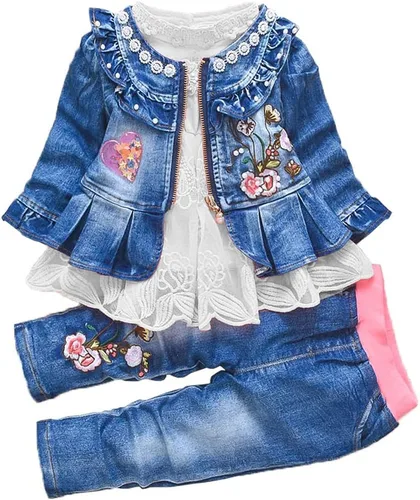 Vista 11 de Peacolate 6M-4Years Primavera Otoño Bebé Niñas Ropa Conjunto 3pcs Manga Larga Vestido Denim Chaqueta y Jeans Azul Lace