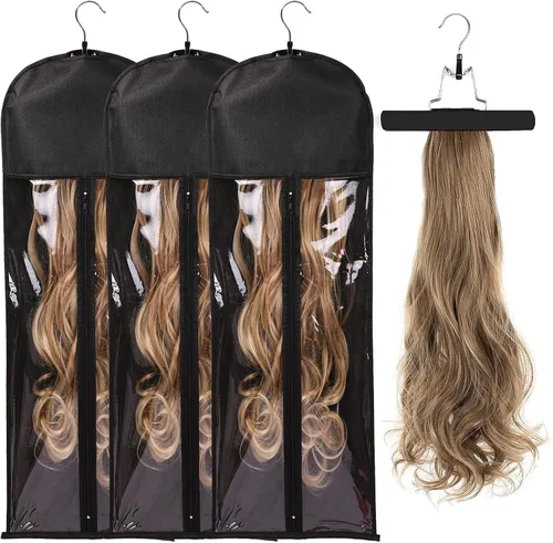 Vista 13 de Bolsas de almacenamiento para peluca con colgador: 3 piezas de extensiones de cabello, ganchos para extensiones de cabello (negro)