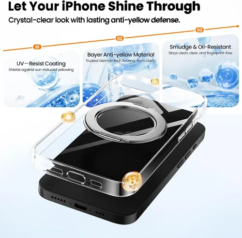 Vista 5 de Funda con soporte de anillo de 360° para iPhone 16E/17E con 2 protectores de pantalla, compatible con MagSafe, antiamarilleo y resistente a