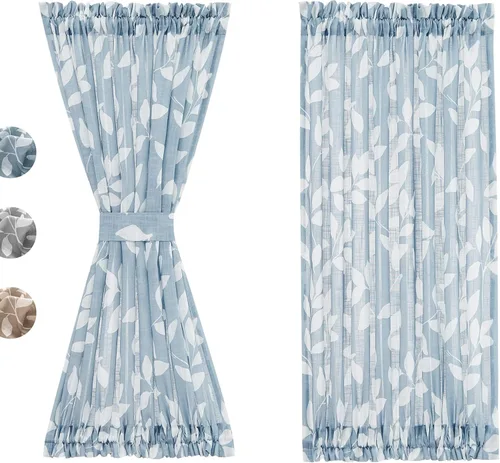 Vista 10 de Treatmentex Paneles de puerta francesa con luz lateral azul y blanca de 40 pulgadas de largo, estampado de hojas largas, cortinas de ventana