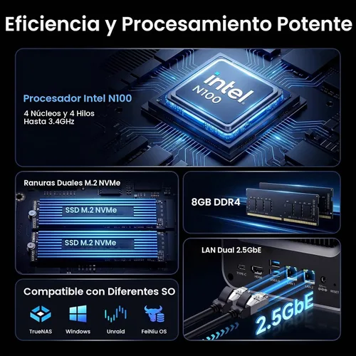 Vista 3 de Yxk Zero1 Pro NAS de 4 bahías, Intel N100, 8 GB de RAM, 2 x 2.5GbE, HDMI 4K