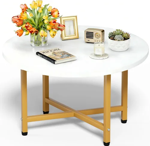 Vista 22 de Mesa de Café FAMIDGE, Mesas de Café de 23.6" para Sala de Estar, Mesa de Café Redonda con Marco de Metal, Mesa de Piso para Sentarse en el Suelo
