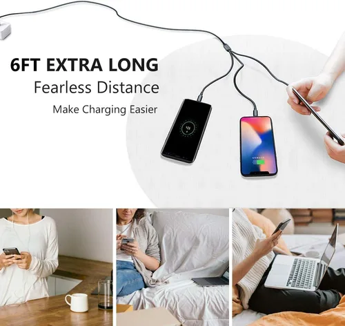 Vista 2 de Puxnoin Cable de carga múltiple, paquete de 2 cables de carga múltiple universal 3 en 1, cable USB múltiple de carga rápida con tipo C, conectores