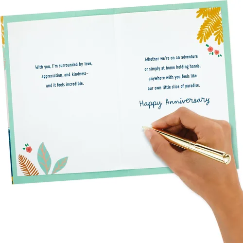 Vista 6 de Tarjeta de aniversario Hallmark para esposo, esposa, novio, novia (Juntos) Couple Under Umbrella Artwork, Gold Foil Accents, Card Measures 5.8 X