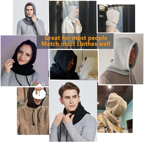 Vista 5 de Facecozy Winter Hats for Women, Wool Blend Hooded Scarf Hat for Women Balaclava Knit Skull Cap Beanie Hat Men Neck Gaiters