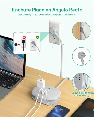 Vista 5 de Alitayee Regleta de alimentación de viaje portátil USB C con 3 tomas, 3 puertos USB, carga rápida, extensor de salida USB extensible con enchufe